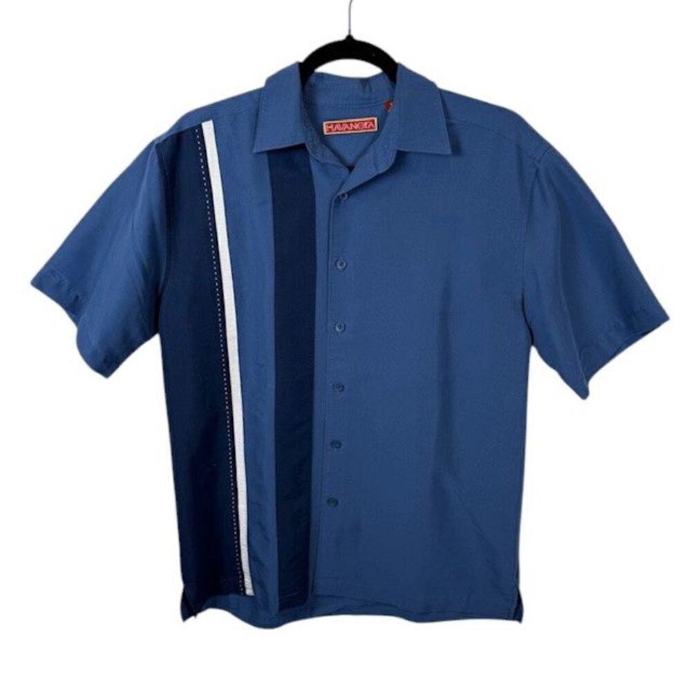 Havanera Short Sleeve Button Front Shirt Cuba Cruise Vacation Blue Small